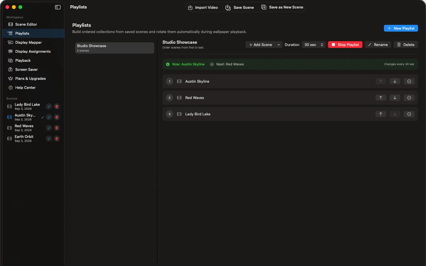 Lumina Motion Studio Showcase playlist rotating through three saved scenes every thirty seconds