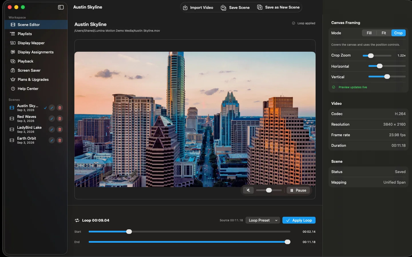 Lumina Motion Scene Editor showing an Austin skyline video, saved scenes, crop controls and a custom loop